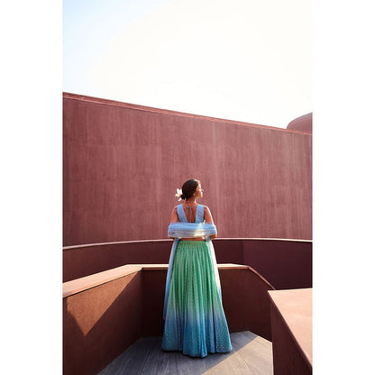 Chamee and Palak Blue Emma Blouse with Lehenga and Dupatta (Set of 3)