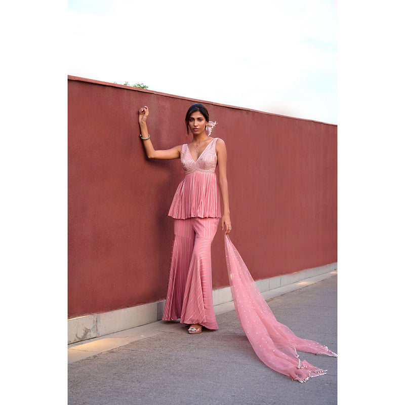 Chamee and Palak Pink Eden Sharara with Peplum Top and Dupatta (Set of 3)