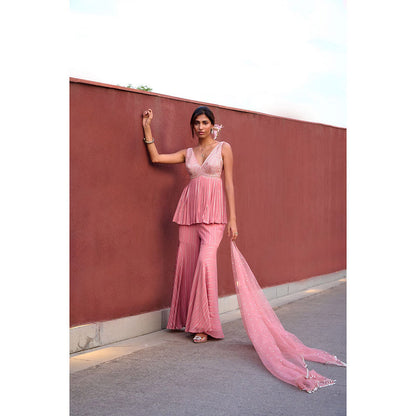 Chamee and Palak Pink Eden Sharara with Peplum Top and Dupatta (Set of 3)