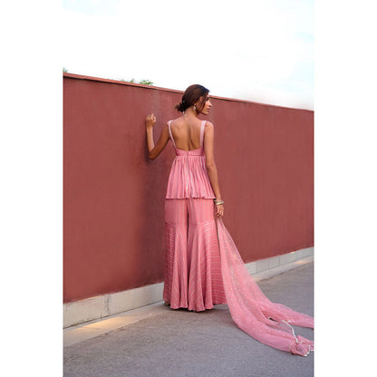 Chamee and Palak Pink Eden Sharara with Peplum Top and Dupatta (Set of 3)