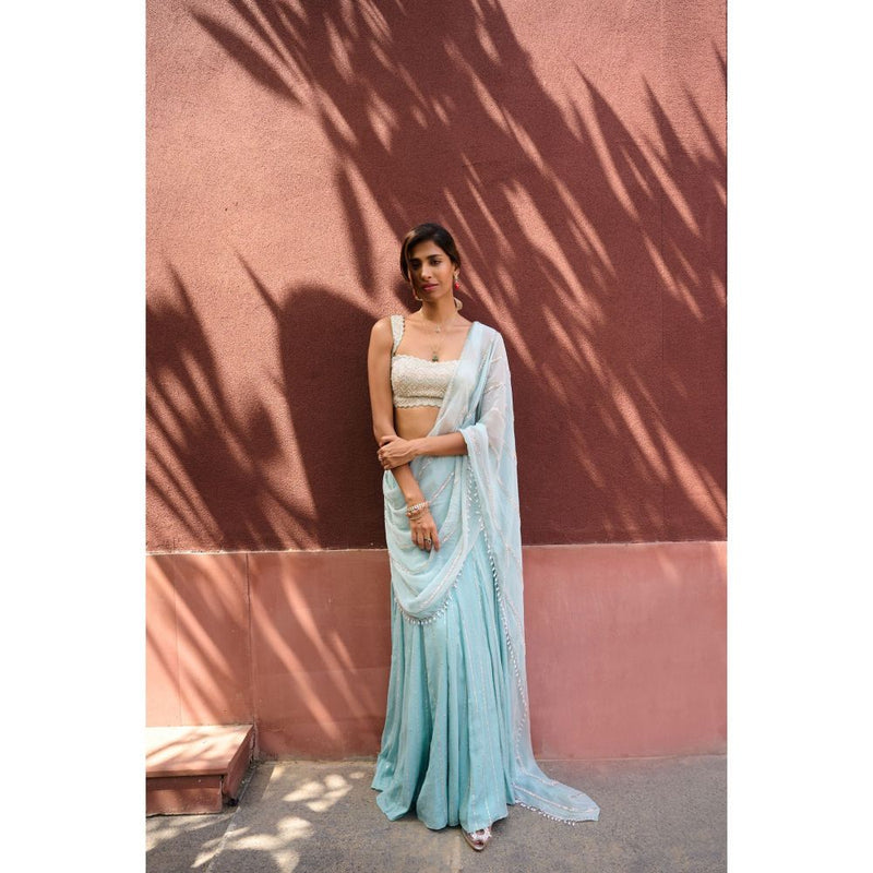 Chamee and Palak Blue Ines Pre-Draped Saree with Stitched Blouse