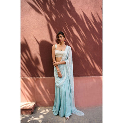 Chamee and Palak Blue Ines Pre-Draped Saree with Stitched Blouse