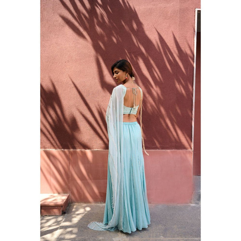 Chamee and Palak Blue Ines Pre-Draped Saree with Stitched Blouse