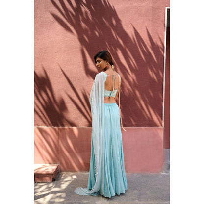 Chamee and Palak Blue Ines Pre-Draped Saree with Stitched Blouse