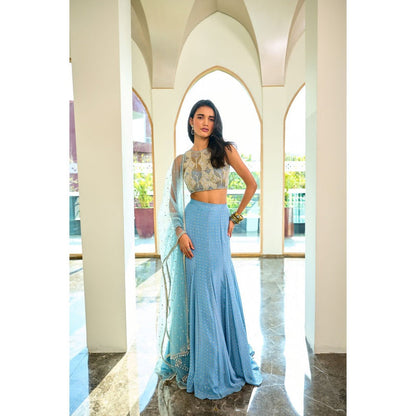 Chamee and Palak Blue Eva Lehenga with Blouse and Dupatta (Set of 3)