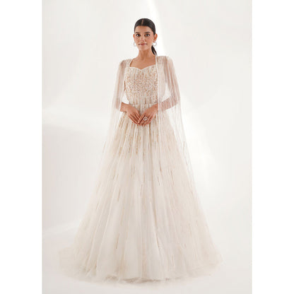 CHAASHNI BY MAANSI & KETAN White Embellished Gown and Cape (Set of 2)