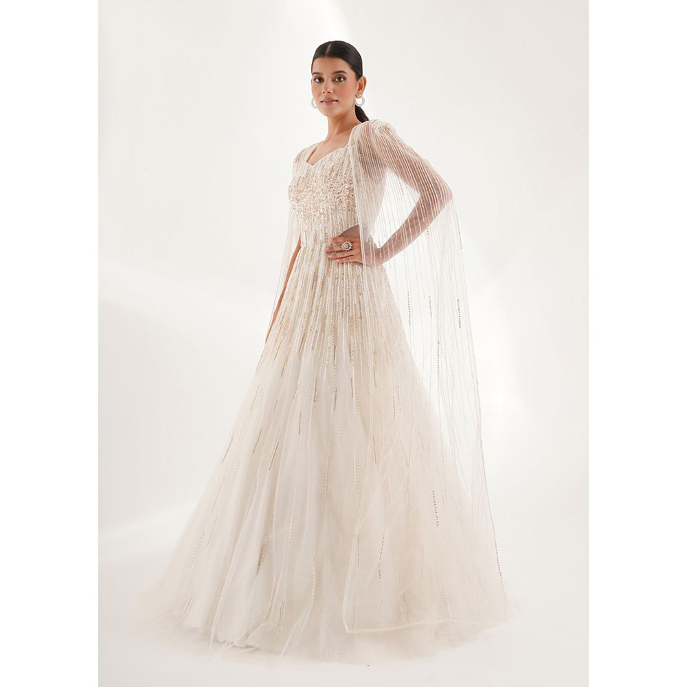 CHAASHNI BY MAANSI & KETAN White Embellished Gown and Cape (Set of 2)