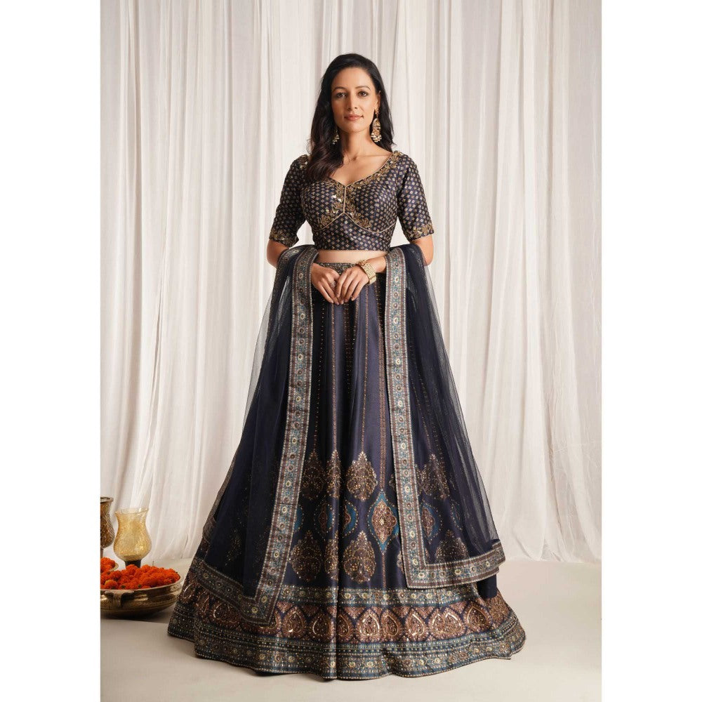 CHAASHNI BY MAANSI & KETAN Blue Printed Lehenga With Blouse And Dupatta (Set of 3)