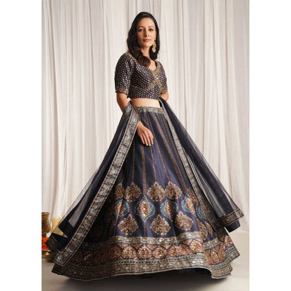 CHAASHNI BY MAANSI & KETAN Blue Printed Lehenga With Blouse And Dupatta (Set of 3)