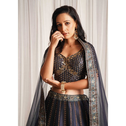 CHAASHNI BY MAANSI & KETAN Blue Printed Lehenga With Blouse And Dupatta (Set of 3)