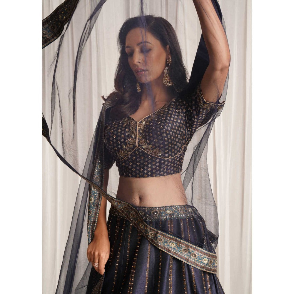 CHAASHNI BY MAANSI & KETAN Blue Printed Lehenga With Blouse And Dupatta (Set of 3)