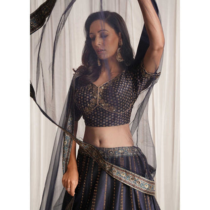 CHAASHNI BY MAANSI & KETAN Blue Printed Lehenga With Blouse And Dupatta (Set of 3)