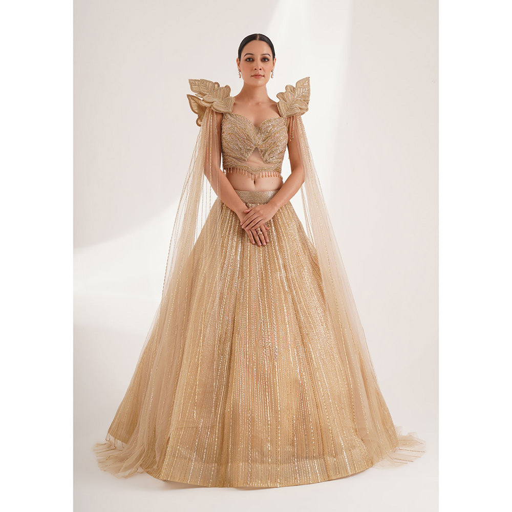 CHAASHNI BY MAANSI & KETAN Gold Lehenga And Blouse With Attached Cape (Set of 2)