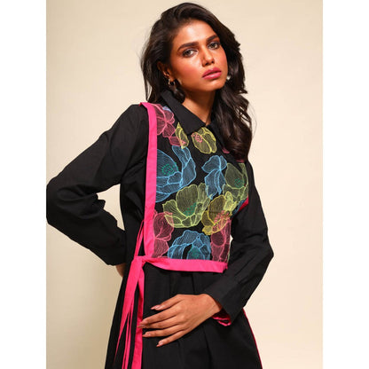 September Spring Asymmetrical Waterlily Dress In Black