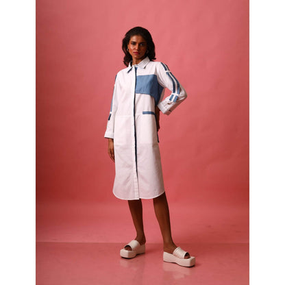 September Spring White Shirt Dress with Denim Patch