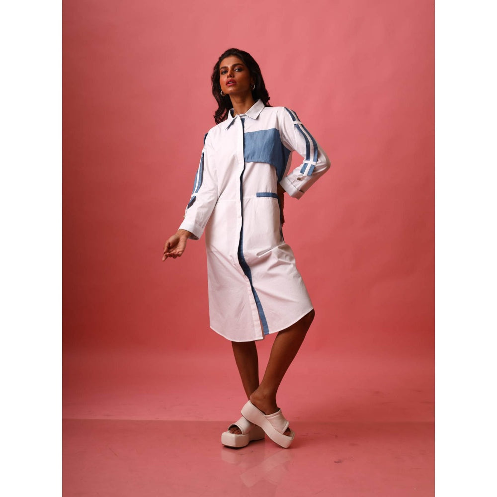 September Spring White Shirt Dress with Denim Patch