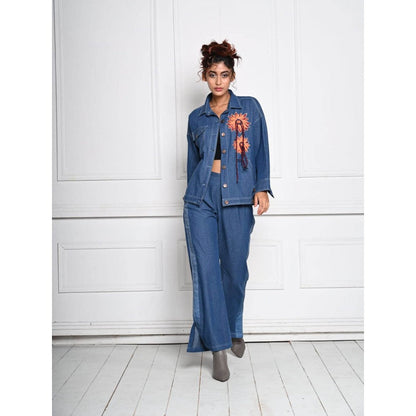 September Spring Blue Flower Denim Jacket