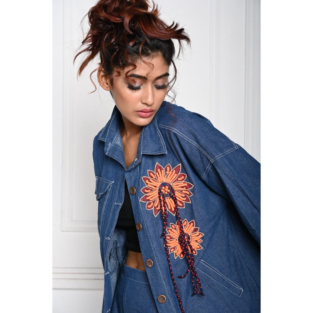September Spring Blue Flower Denim Jacket
