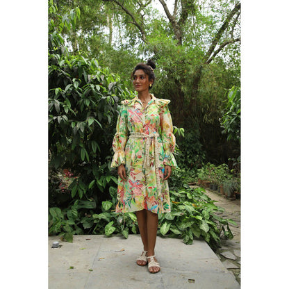 September Spring Raya Tropical Print Knee Length Dress with Belt (Set of 2)
