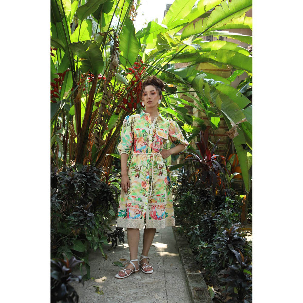 September Spring Gardenia Tropical Print Midi Dress with Belt (Set of 2)