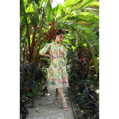 September Spring Gardenia Tropical Print Midi Dress with Belt (Set of 2)