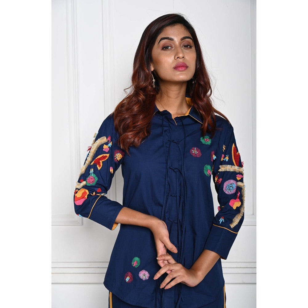 September Spring Navy Blue The Coral Reef Embroidered Co-Ord (Set of 2)