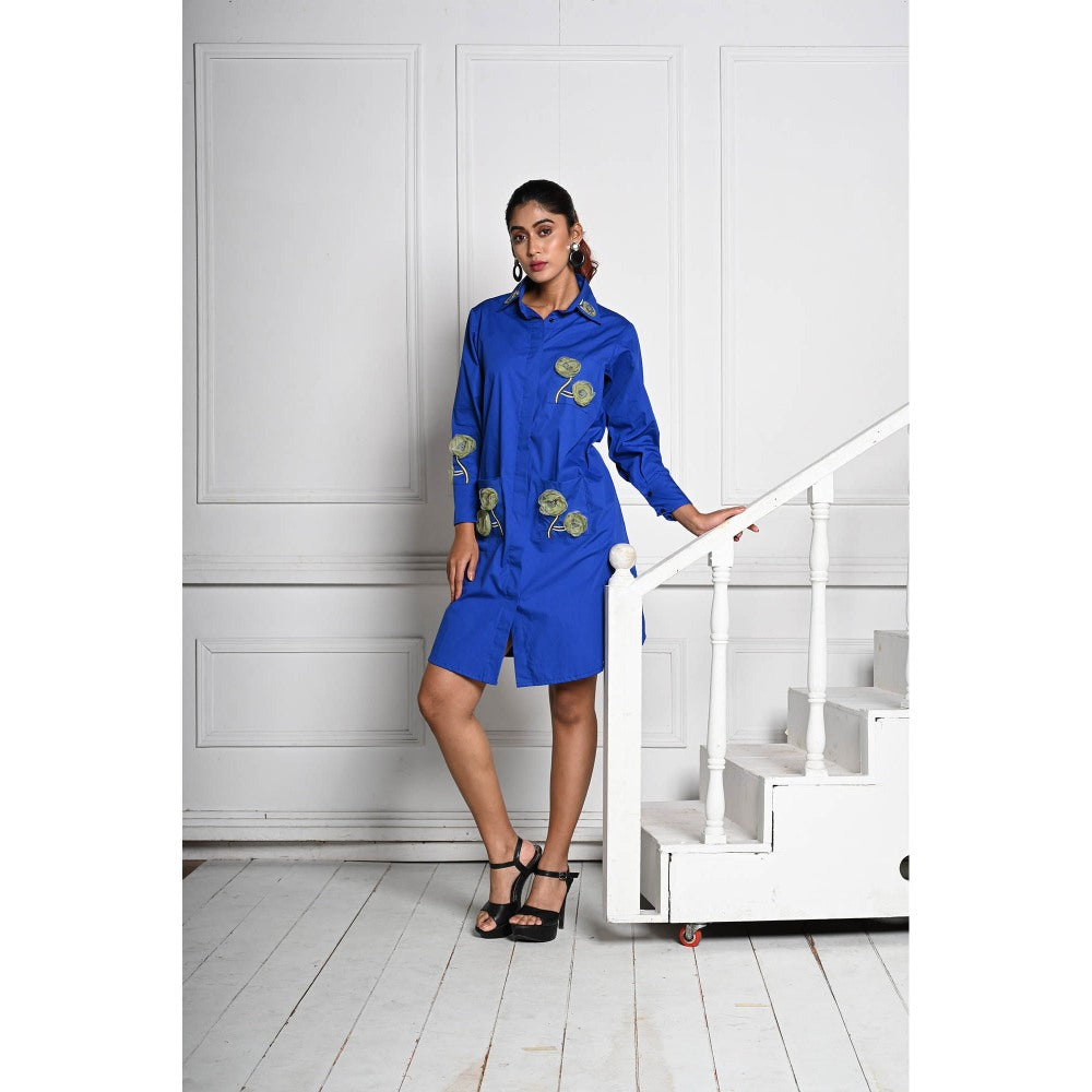 September Spring Blue 3D Flower Shirt Style Dress