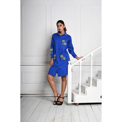 September Spring Blue 3D Flower Shirt Style Dress