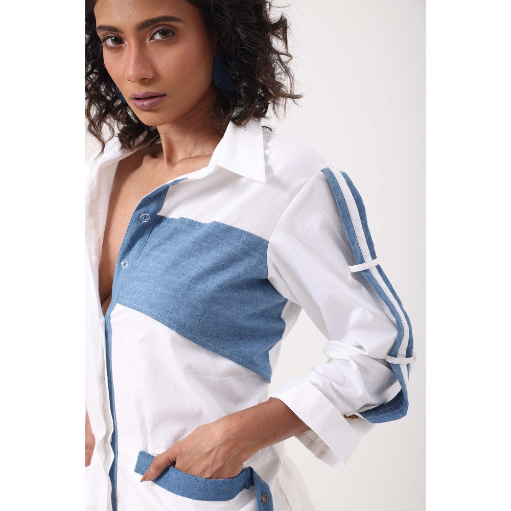 September Spring Denim Patch White Shirt Dress - Multi-Color