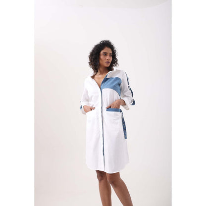September Spring Denim Patch White Shirt Dress - Multi-Color