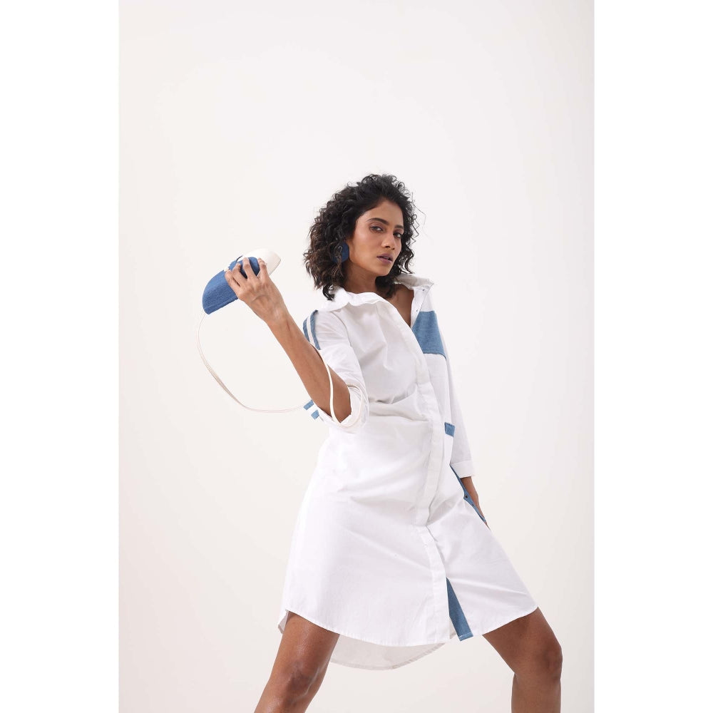 September Spring Denim Patch White Shirt Dress - Multi-Color