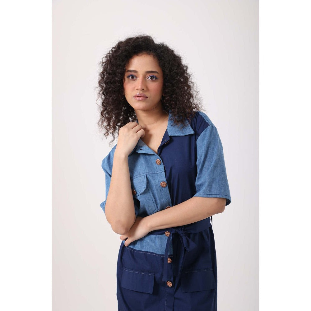 September Spring Denim Navy Panel Dress - Blue