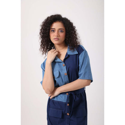 September Spring Denim Navy Panel Dress - Blue