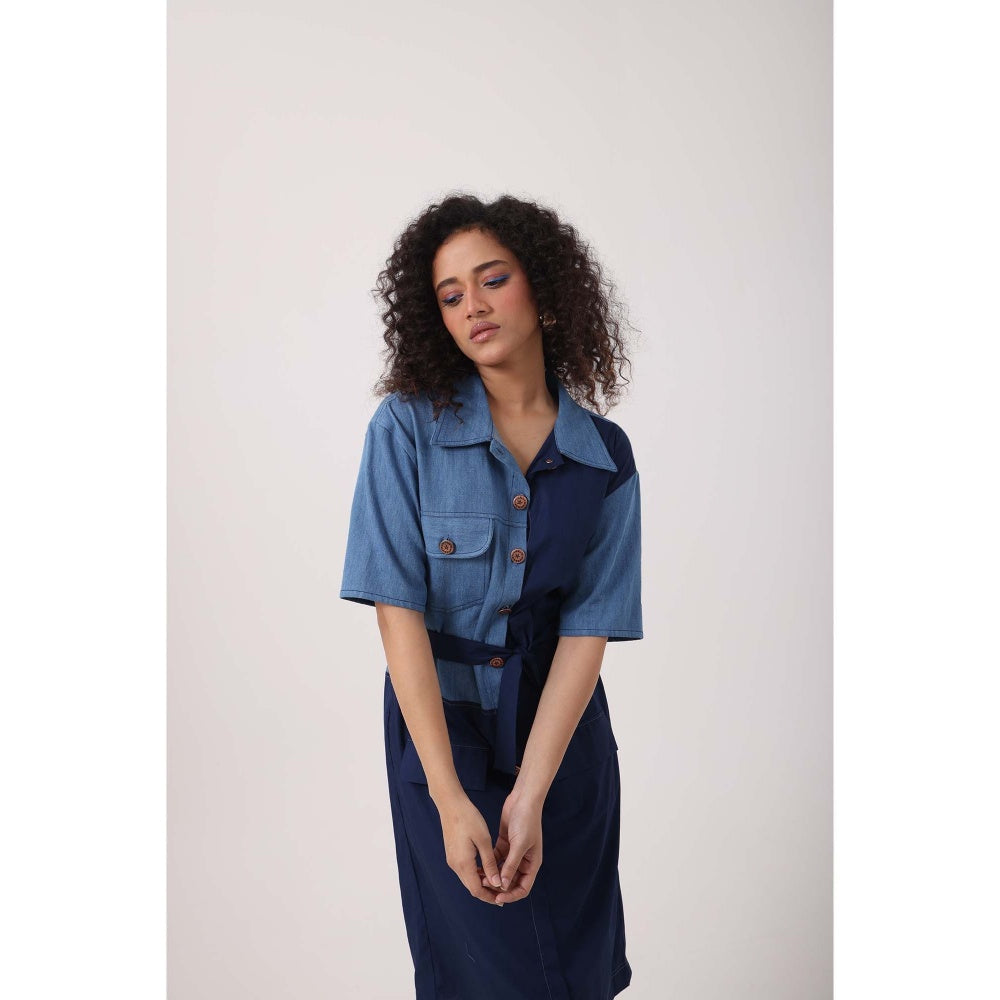 September Spring Denim Navy Panel Dress - Blue
