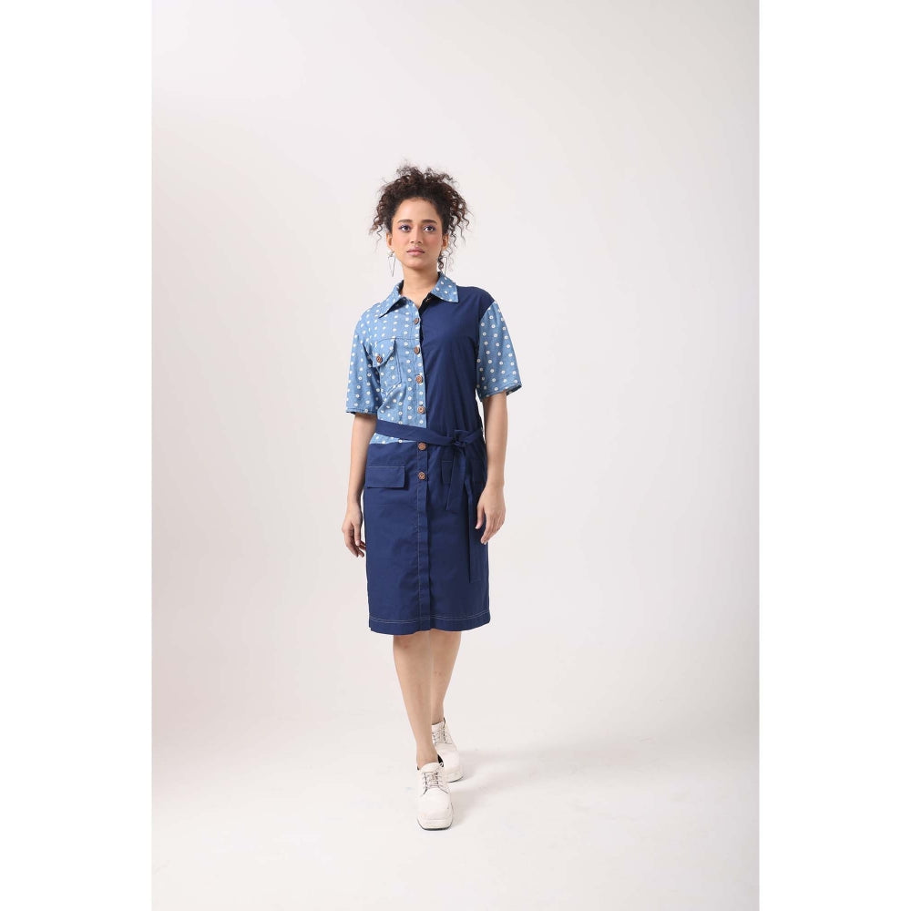 September Spring Flower Denim Panel Dress with Belt - Blue