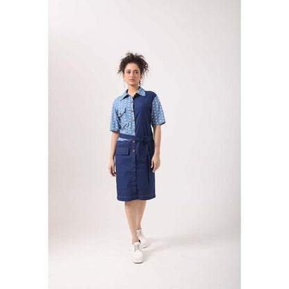 September Spring Flower Denim Panel Dress with Belt - Blue