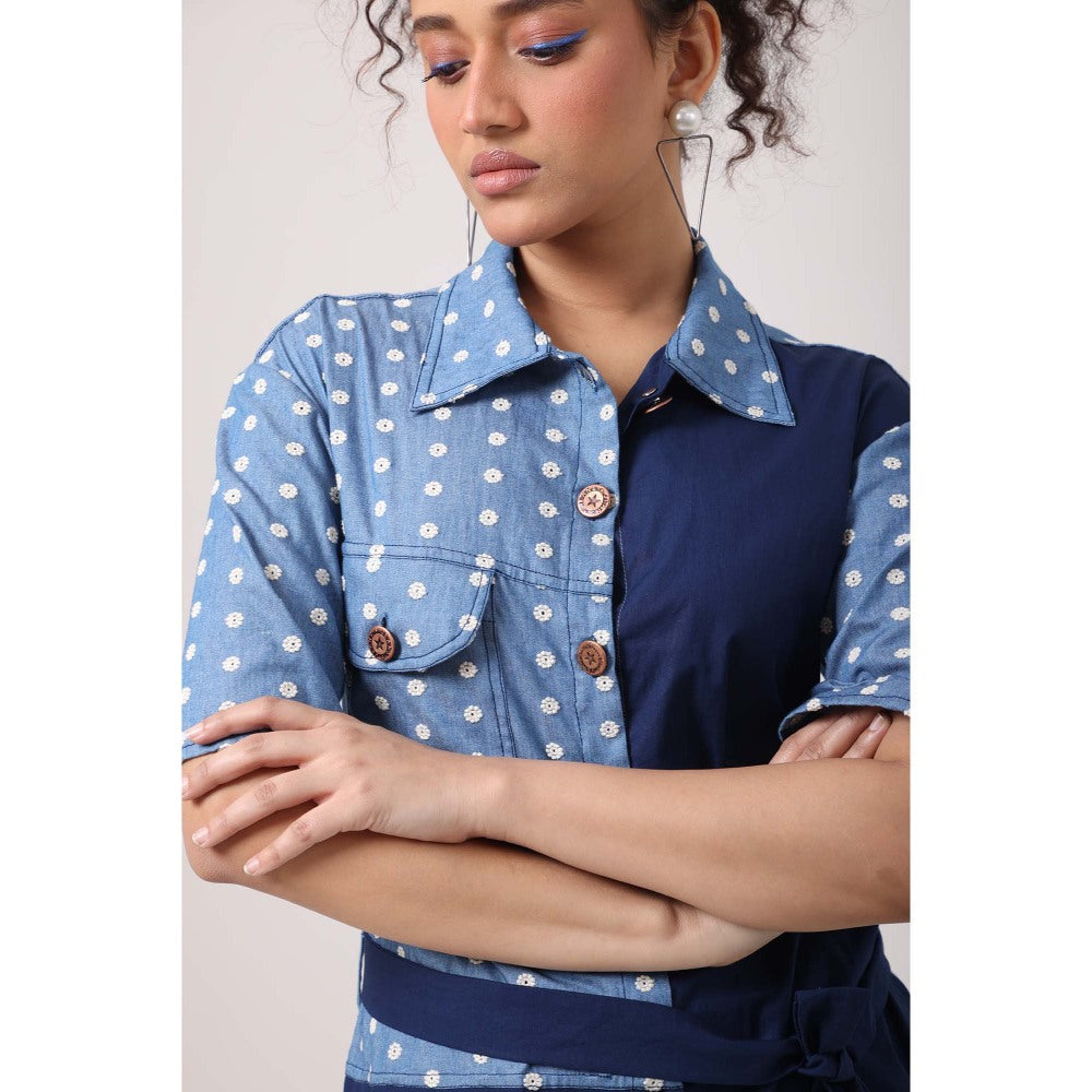 September Spring Flower Denim Panel Dress with Belt - Blue