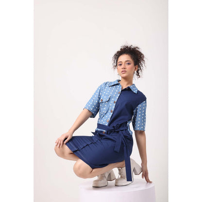 September Spring Flower Denim Panel Dress with Belt - Blue