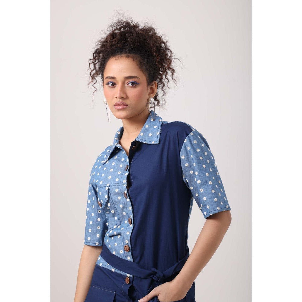 September Spring Flower Denim Panel Dress with Belt - Blue