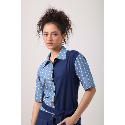September Spring Flower Denim Panel Dress with Belt - Blue