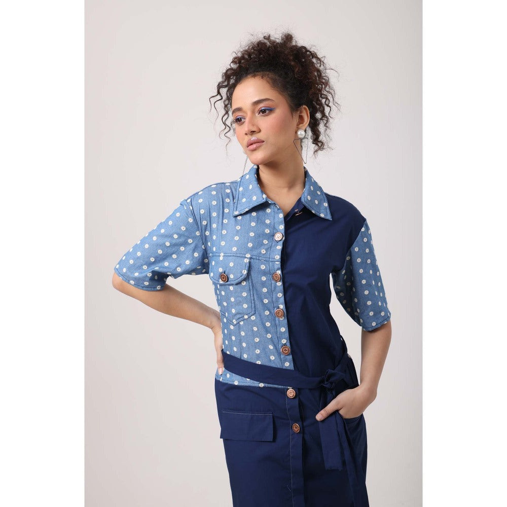 September Spring Flower Denim Panel Dress with Belt - Blue