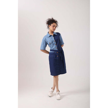 September Spring Flower Denim Panel Dress with Belt - Blue