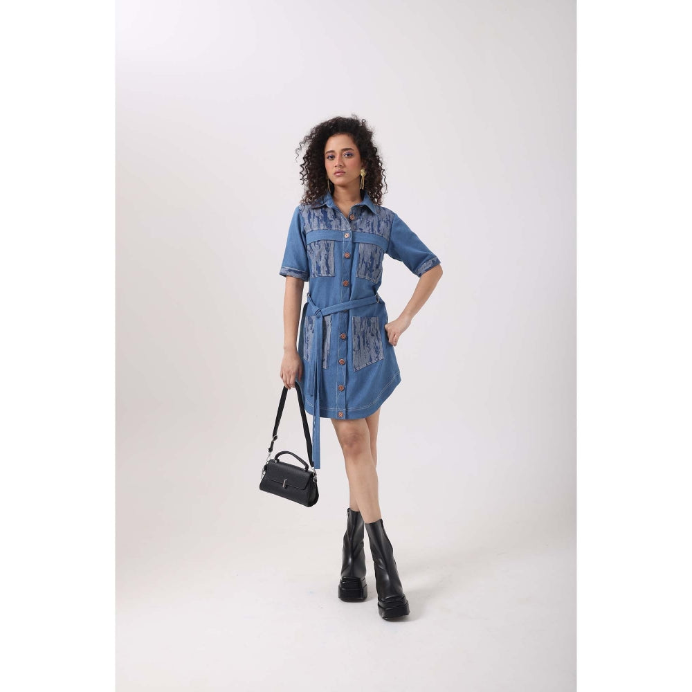September Spring Rugged Denim Pocket Patch Dress with Belt - Blue