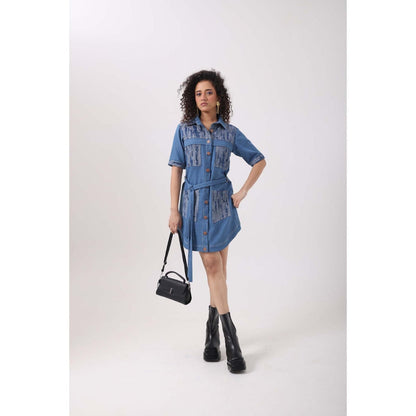September Spring Rugged Denim Pocket Patch Dress with Belt - Blue