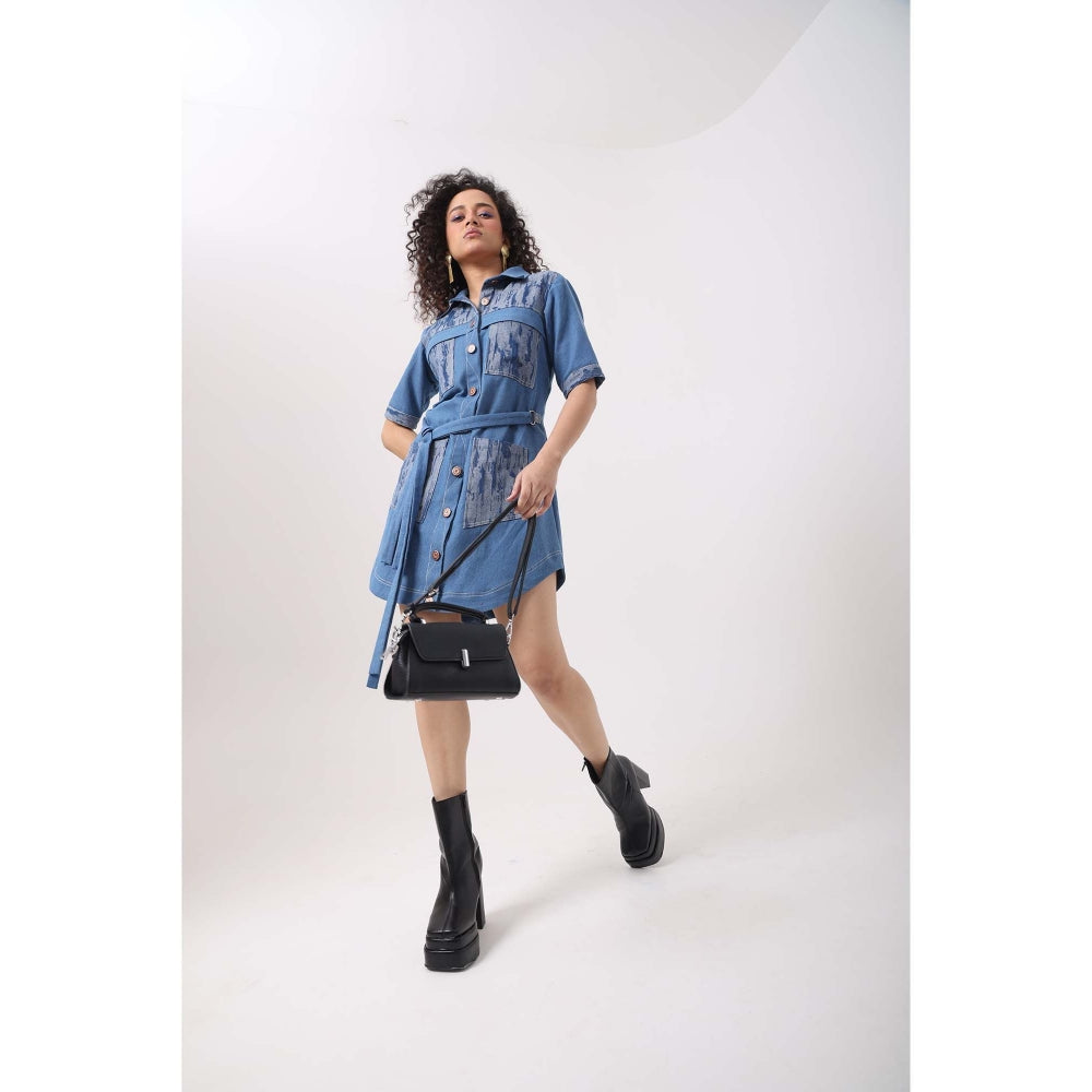 September Spring Rugged Denim Pocket Patch Dress with Belt - Blue