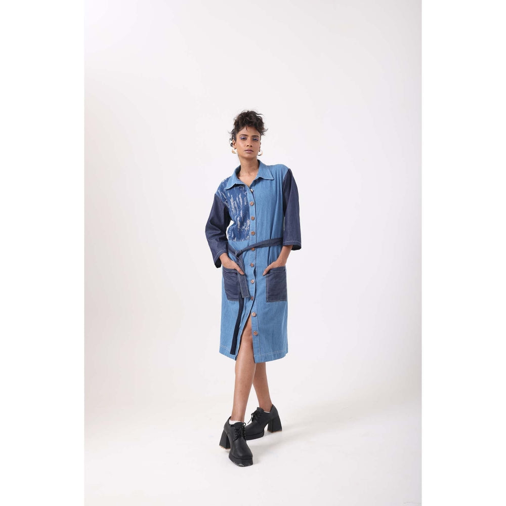 September Spring Rugged Dark Denim Shirt Dress with Belt - Blue