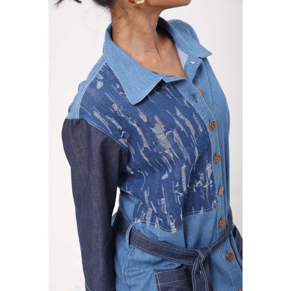 September Spring Rugged Dark Denim Shirt Dress with Belt - Blue