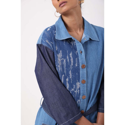 September Spring Rugged Dark Denim Shirt Dress with Belt - Blue