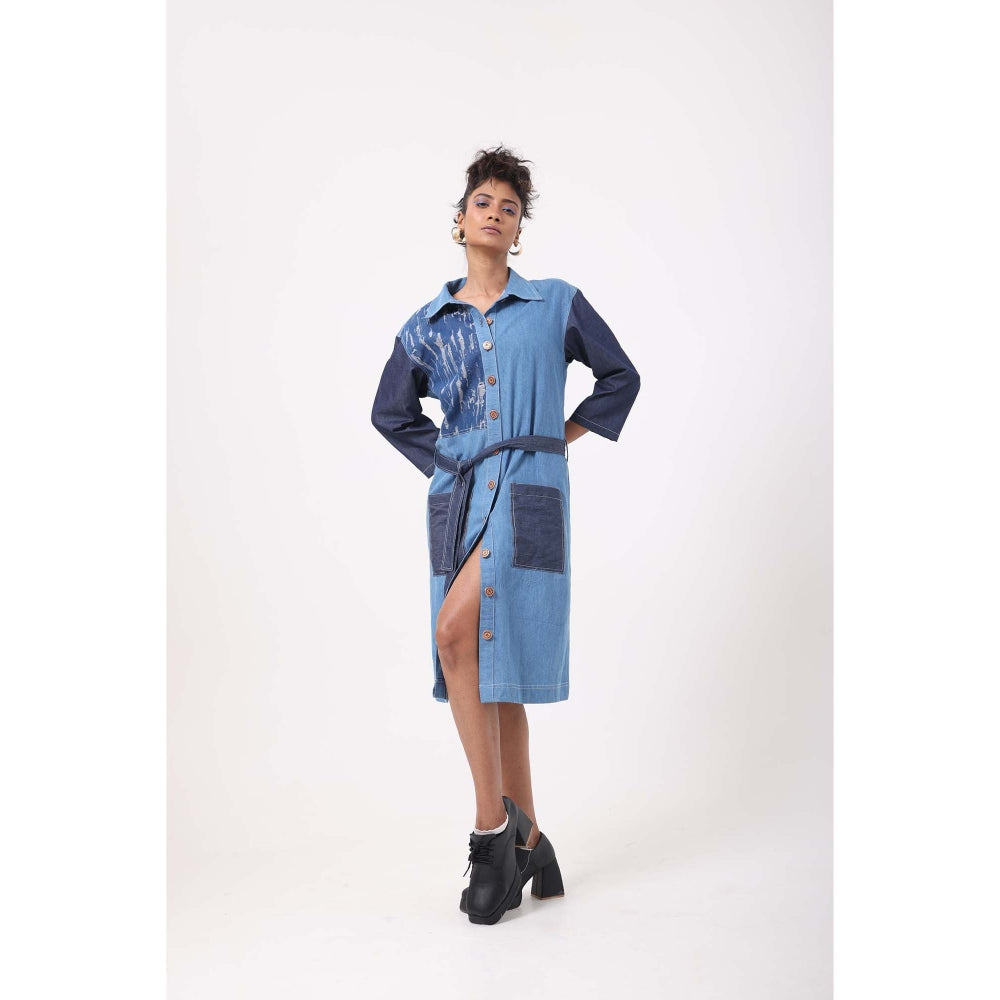 September Spring Rugged Dark Denim Shirt Dress with Belt - Blue