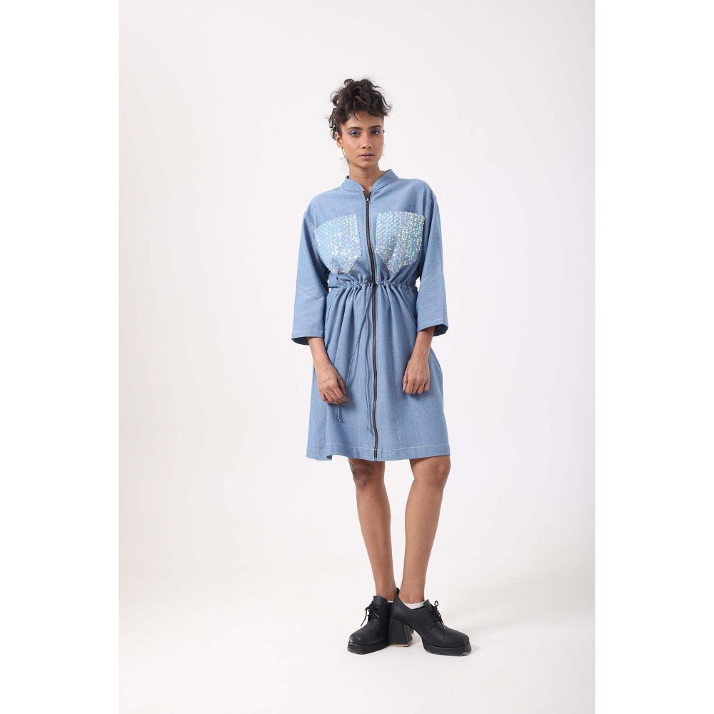 September Spring Sequence Denim Drawstring Dress - Blue